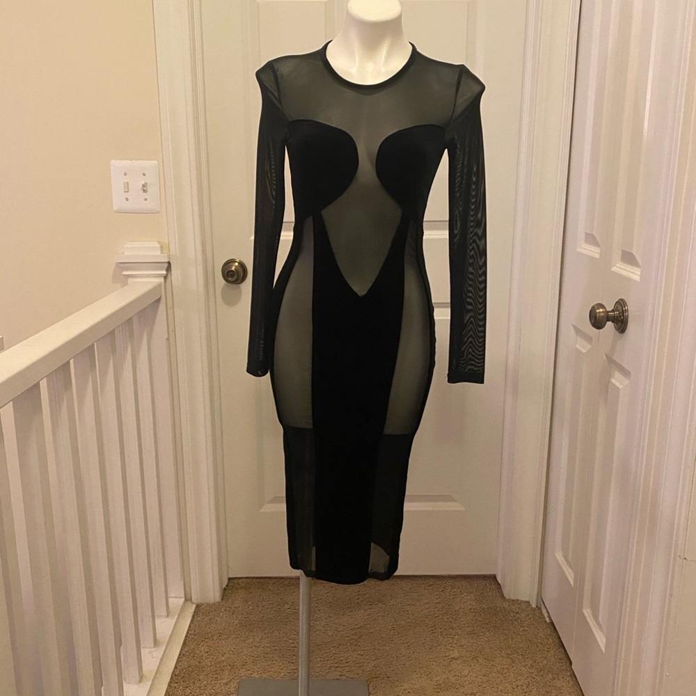 Sheer Panel Black Bodycon Dress